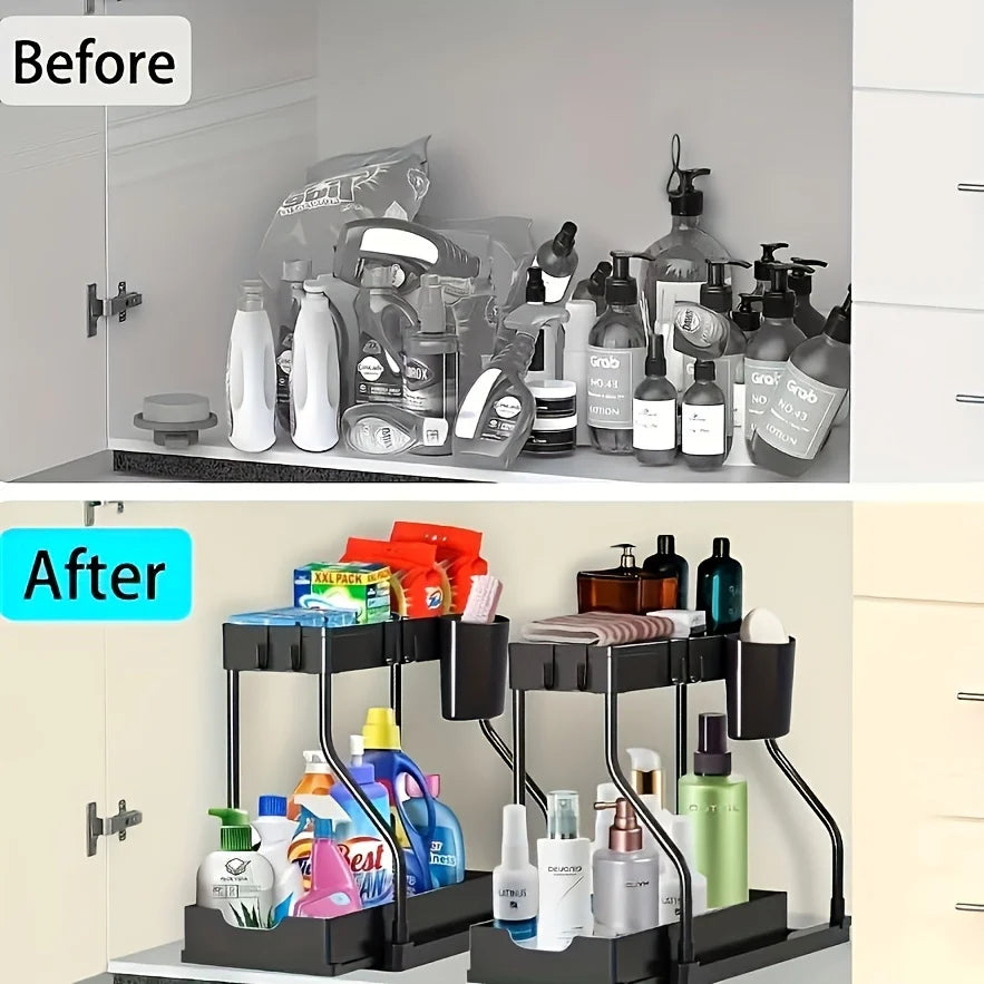 Space Saving 2 Tier Pull Out Storage Box Drawer Organizer